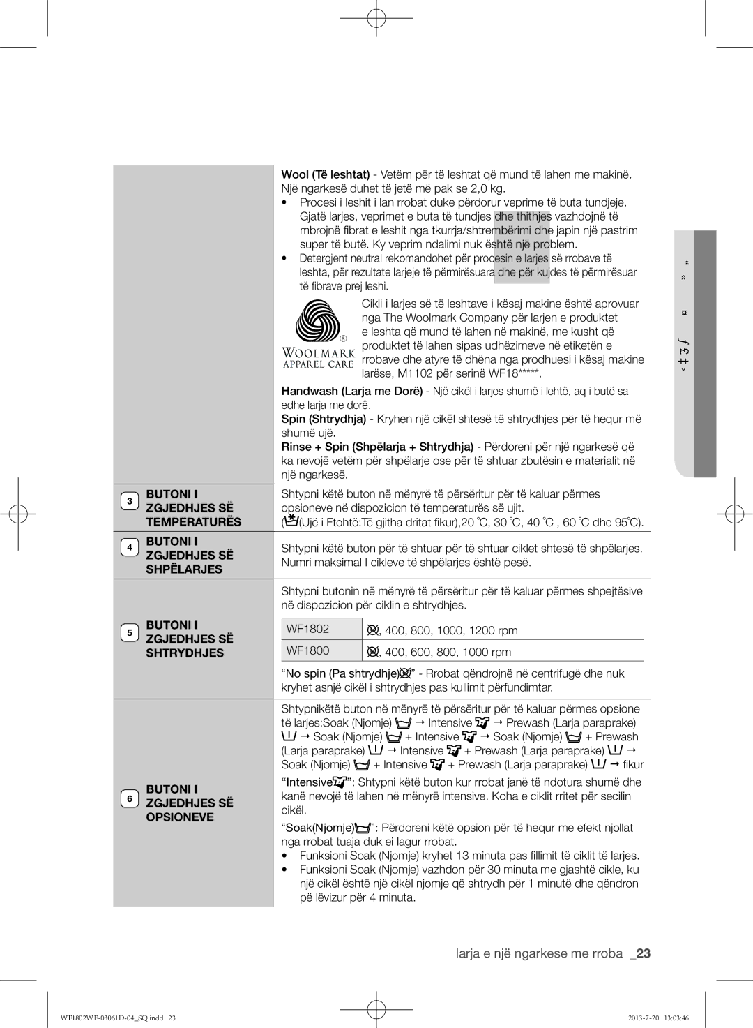 Samsung WF1802WFVS/YLE manual Butoni, Zgjedhjes SË, Temperaturës, Shpëlarjes, Shtrydhjes 