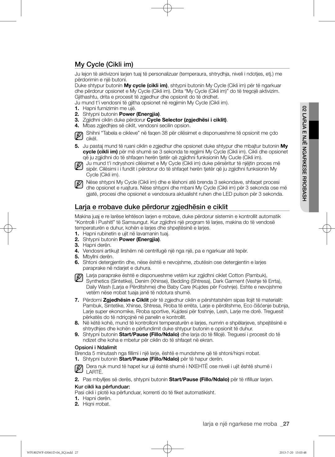 Samsung WF1802WFVS/YLE manual My Cycle Cikli im, Larja e rrobave duke përdorur zgjedhësin e ciklit, Lartë 