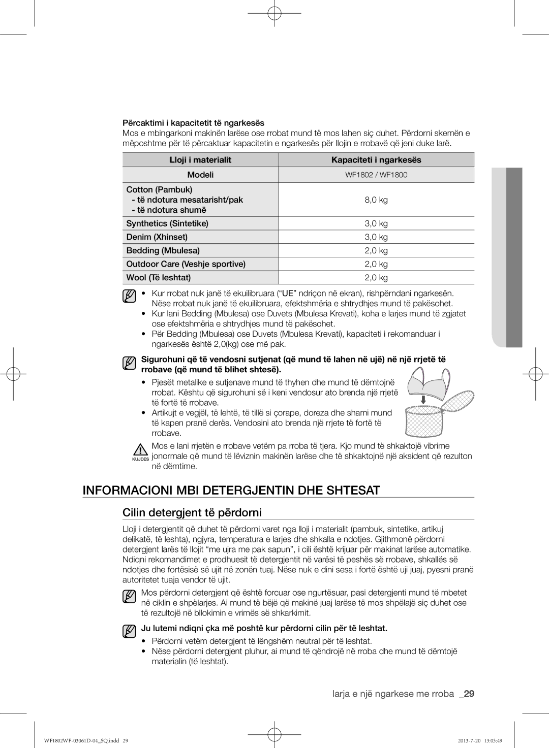 Samsung WF1802WFVS/YLE manual Informacioni mbi detergjentin dhe shtesat, Cilin detergjent të përdorni, Modeli 