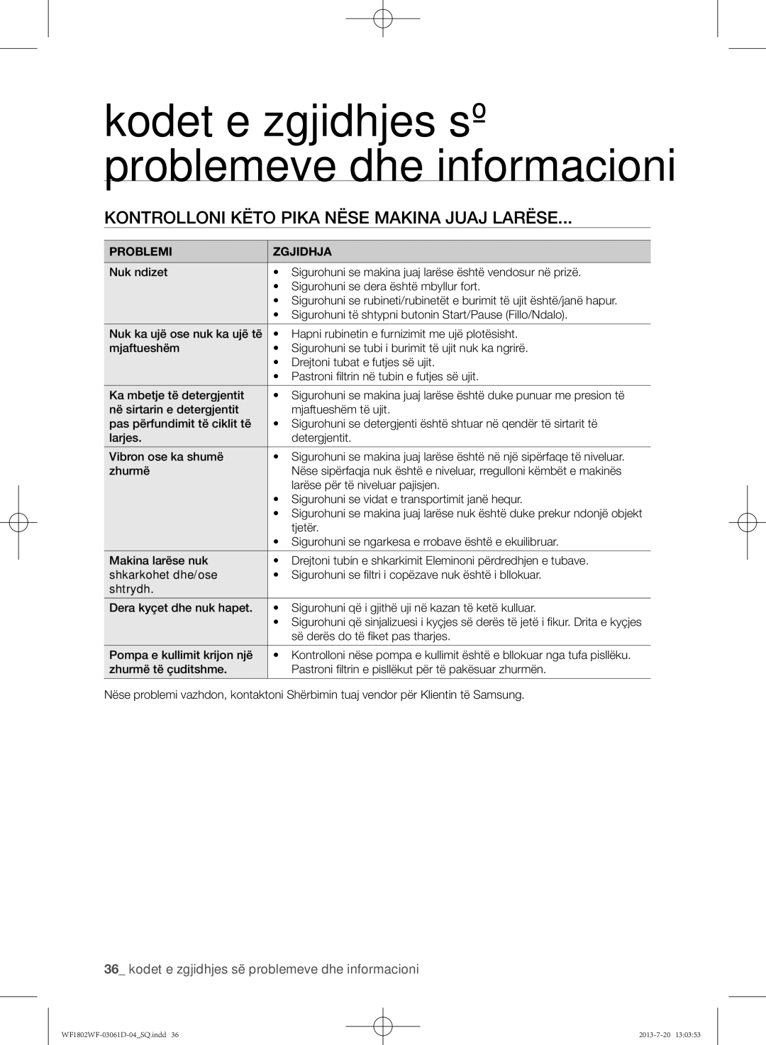 Samsung WF1802WFVS/YLE Kontrolloni këto pika nëse makina juaj larëse, Kodet e zgjidhjes së problemeve dhe informacioni 