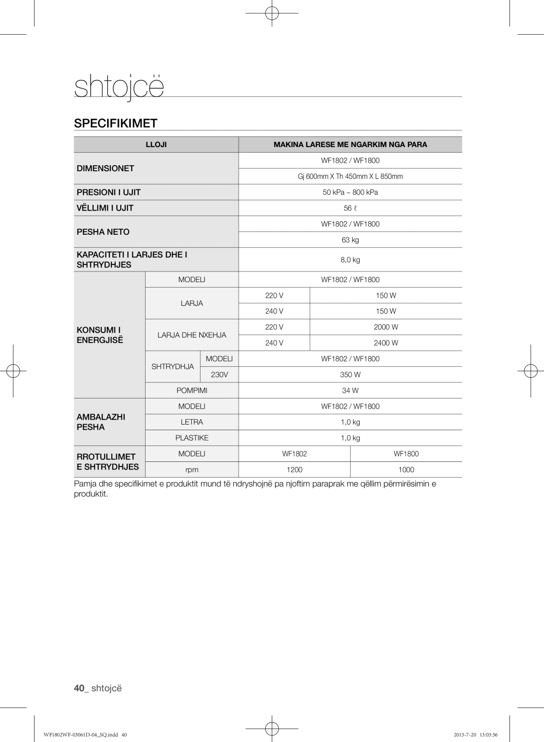 Samsung WF1802WFVS/YLE manual Specifikimet 