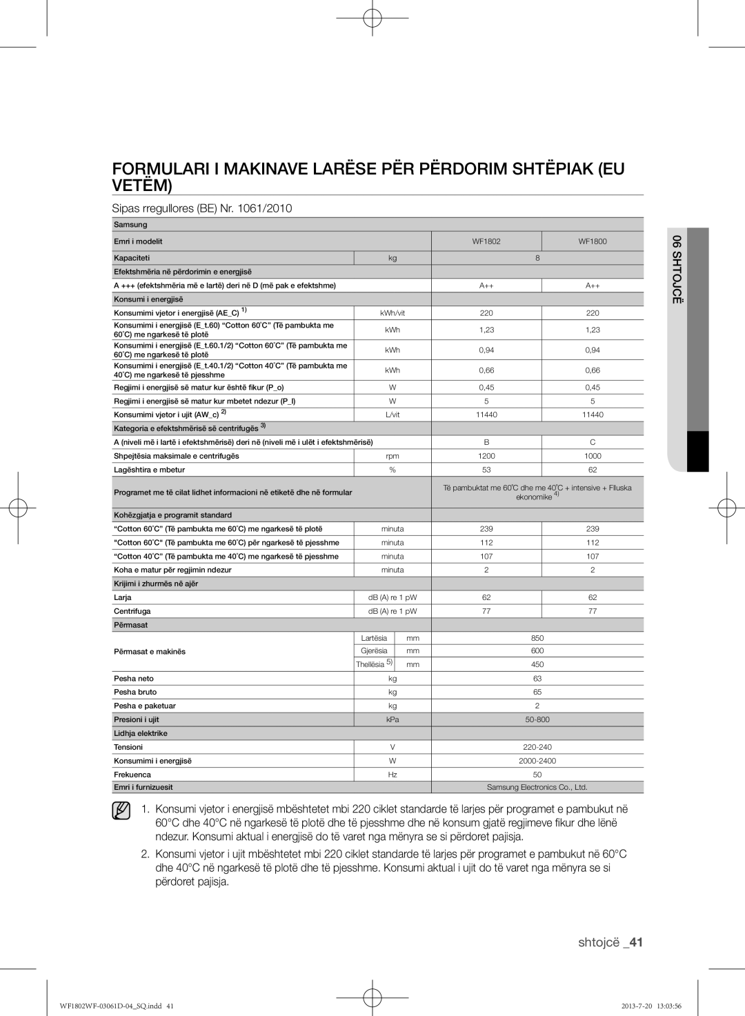 Samsung WF1802WFVS/YLE manual Formulari i makinave larëse për përdorim shtëpiak EU vetëm, Sipas rregullores be Nr /2010 