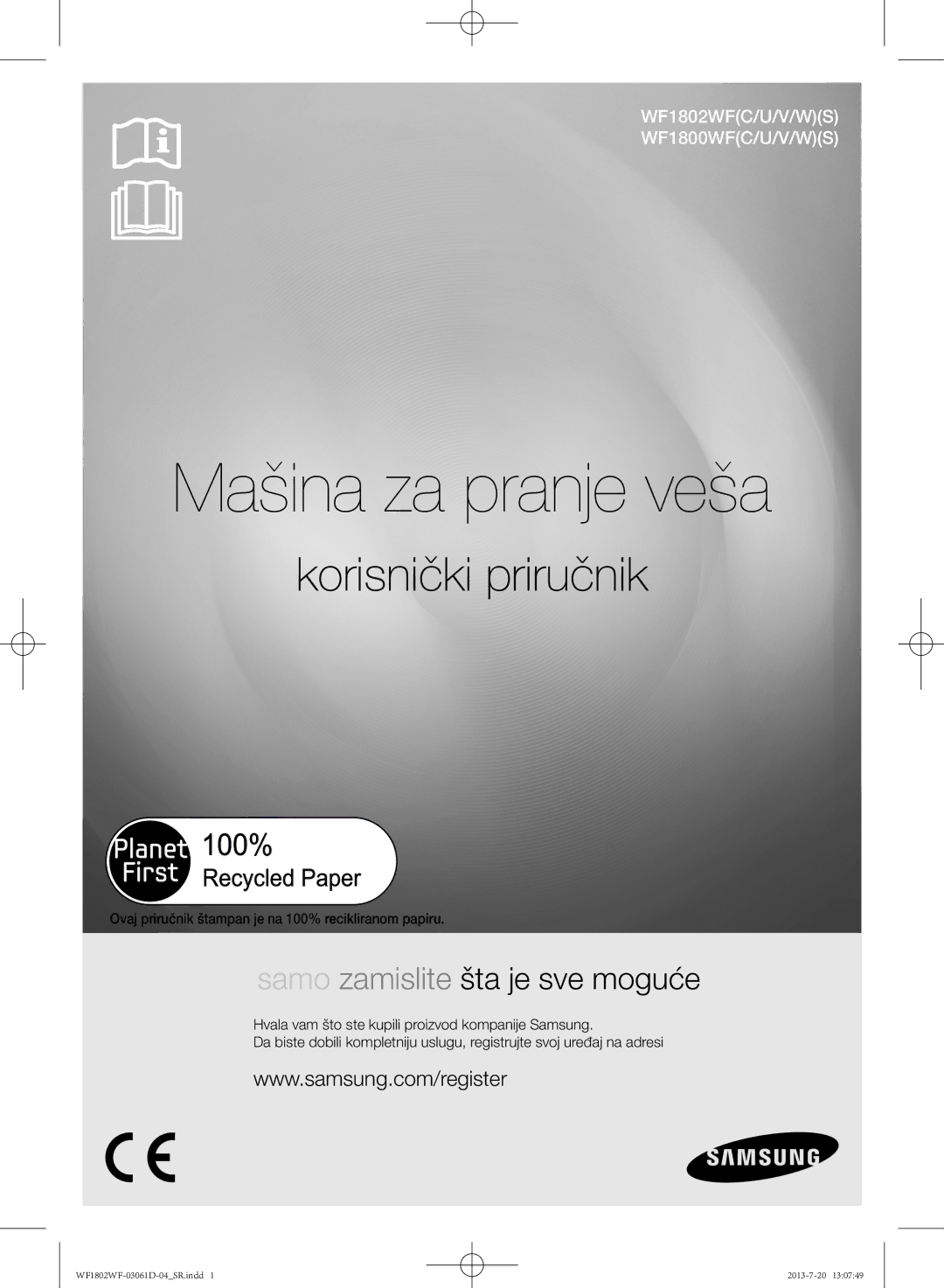 Samsung WF1802WFVS/YLE manual Mašina za pranje veša, Ovaj priručnik štampan je na 100% recikliranom papiru 