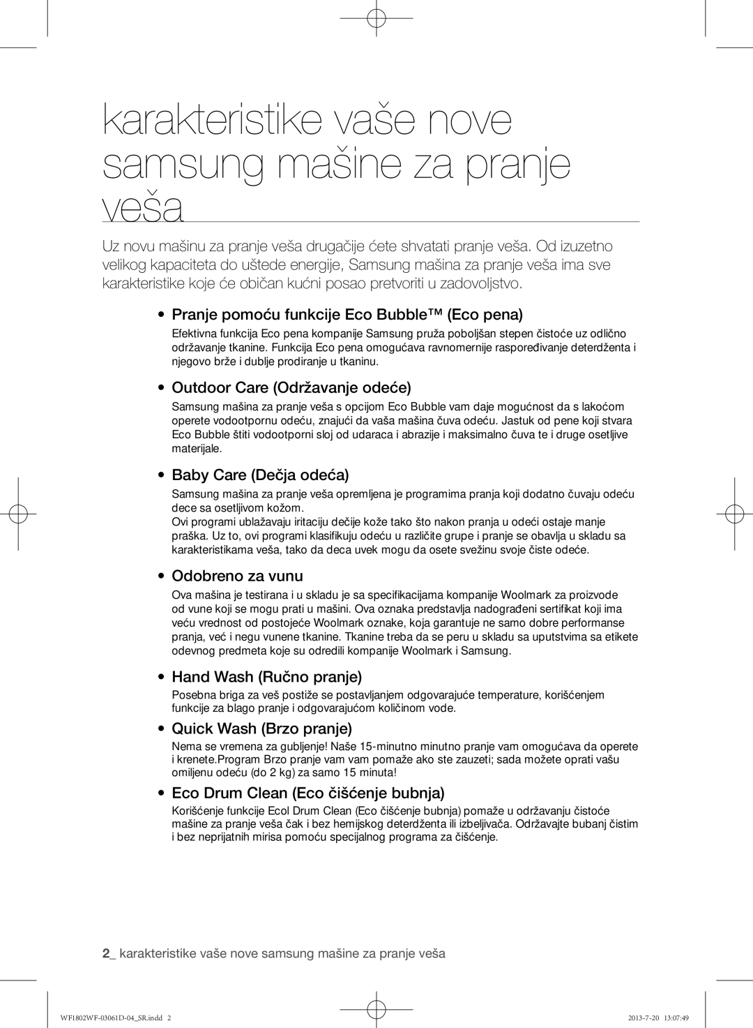 Samsung WF1802WFVS/YLE manual Karakteristike vaše nove samsung mašine za pranje veša 