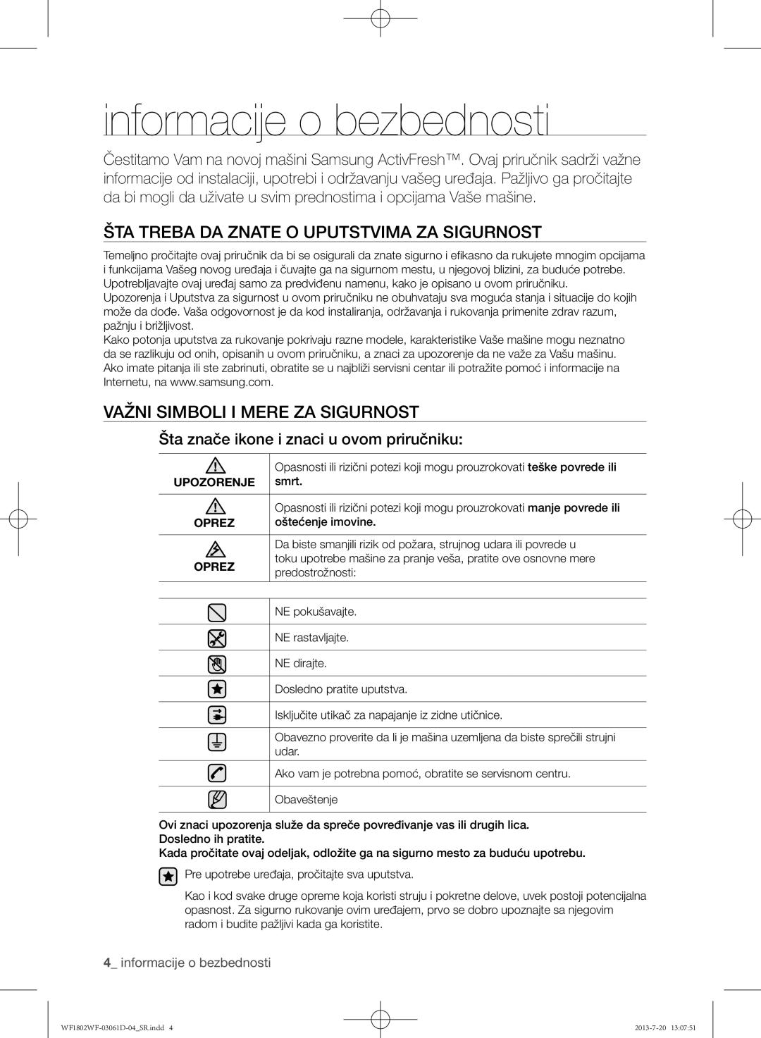 Samsung WF1802WFVS/YLE manual Informacije o bezbednosti, ŠTA Treba DA Znate O Uputstvima ZA Sigurnost 