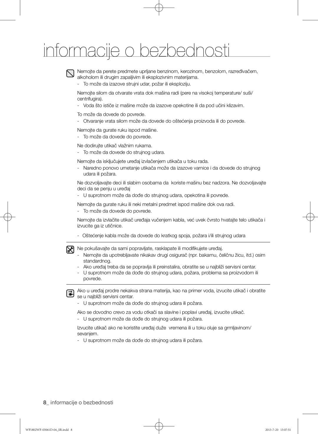 Samsung WF1802WFVS/YLE manual Informacije o bezbednosti 