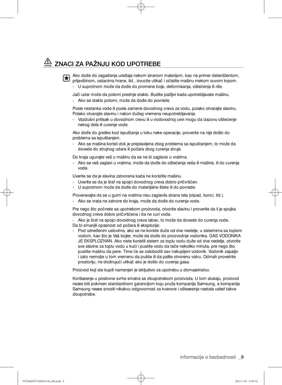 Samsung WF1802WFVS/YLE manual Oprez Znaci ZA Pažnju KOD Upotrebe 