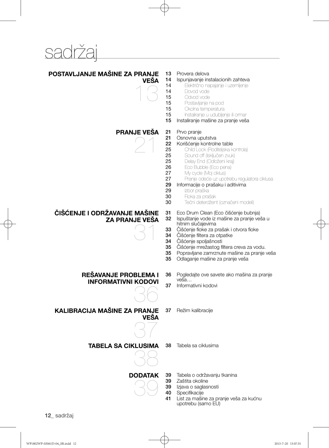 Samsung WF1802WFVS/YLE manual Sadržaj 