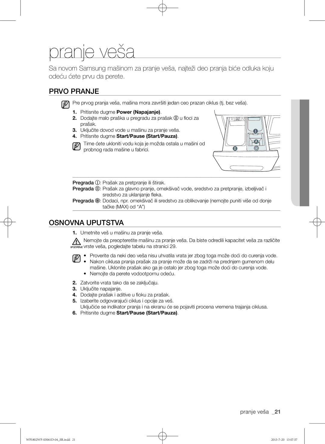 Samsung WF1802WFVS/YLE manual Pranje veša, Osnovna uputstva, Pritisnite dugme Start/Pause Start/Pauza 