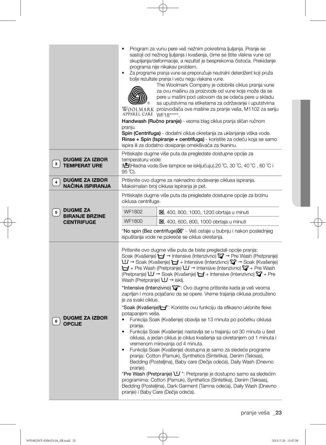 Samsung WF1802WFVS/YLE manual Temperat URE, Biranje Brzine, Centrifuge, Dugme ZA Izbor Opcije 