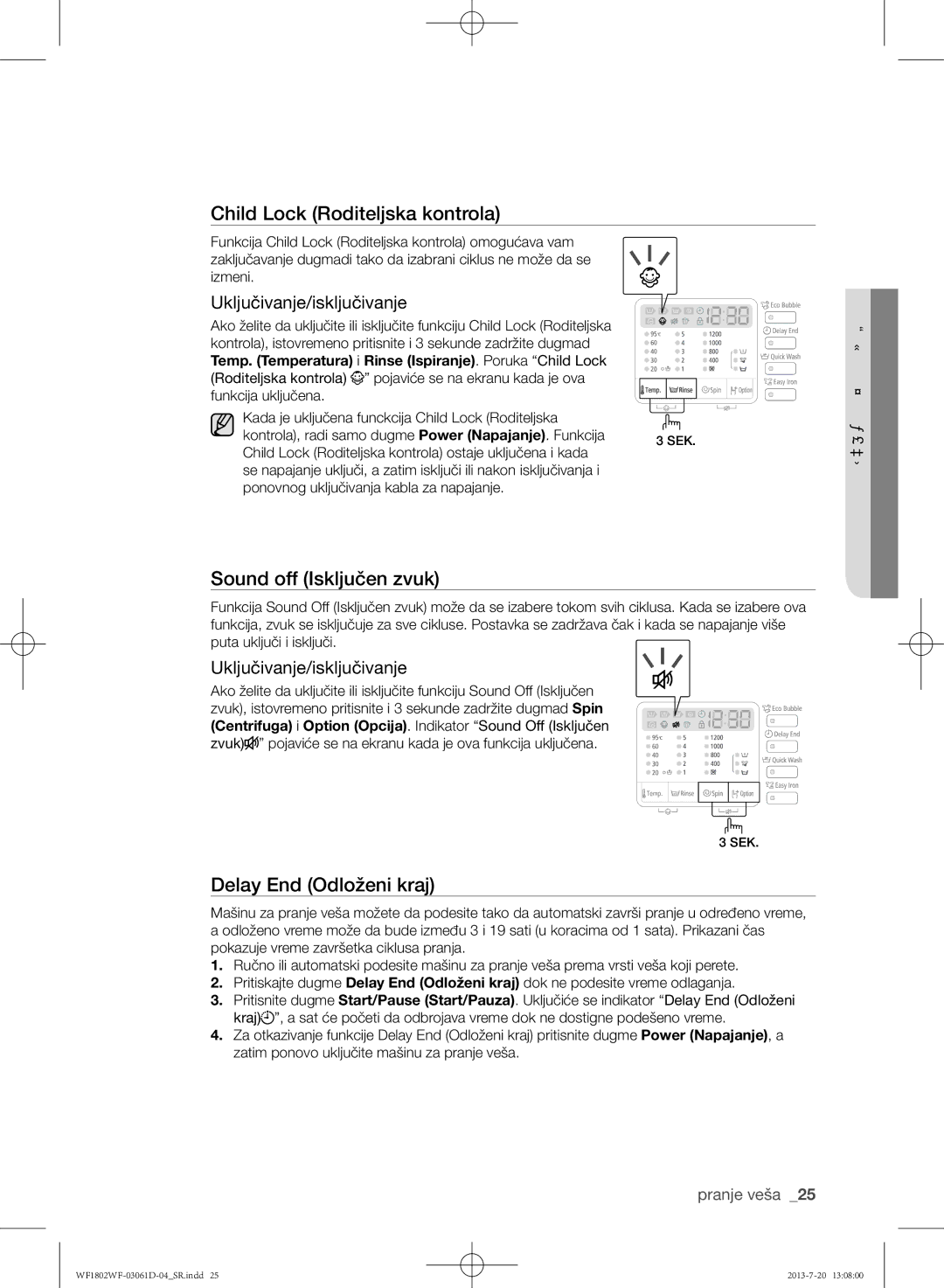 Samsung WF1802WFVS/YLE manual Child Lock Roditeljska kontrola, Uključivanje/isključivanje 