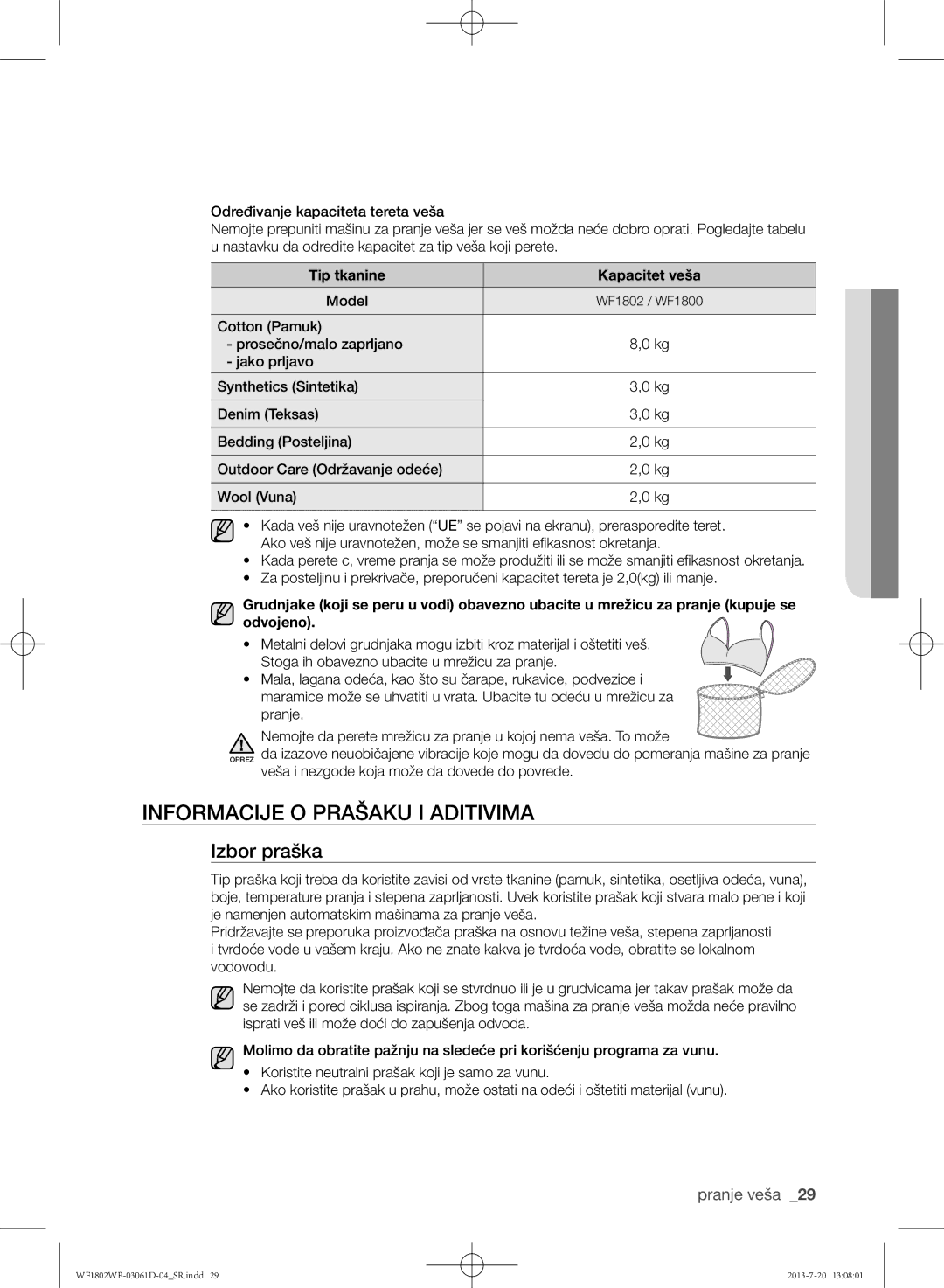 Samsung WF1802WFVS/YLE manual Informacije o prašaku i aditivima, Izbor praška, Tip tkanine Kapacitet veša 