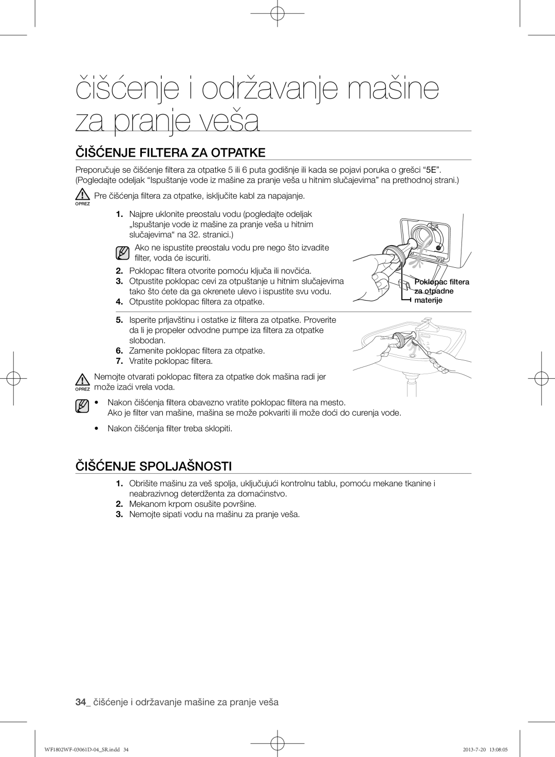 Samsung WF1802WFVS/YLE Čišćenje filtera za otpatke, Čišćenje spoljašnosti, 34 čišćenje i održavanje mašine za pranje veša 