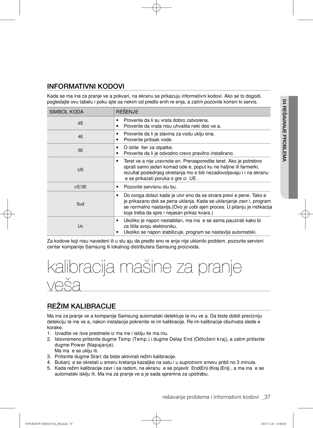 Samsung WF1802WFVS/YLE Kalibracija mašine za pranje veša, Informativni kodovi, Režim kalibracije, Simbol Koda Rešenje 