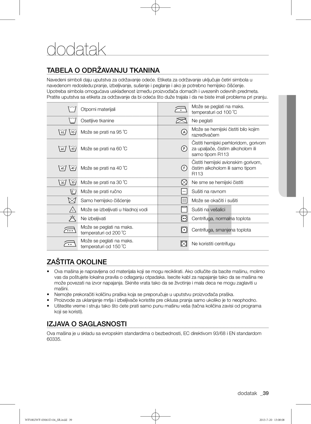 Samsung WF1802WFVS/YLE manual Tabela o održavanju tkanina, Zaštita okoline, Izjava o saglasnosti 