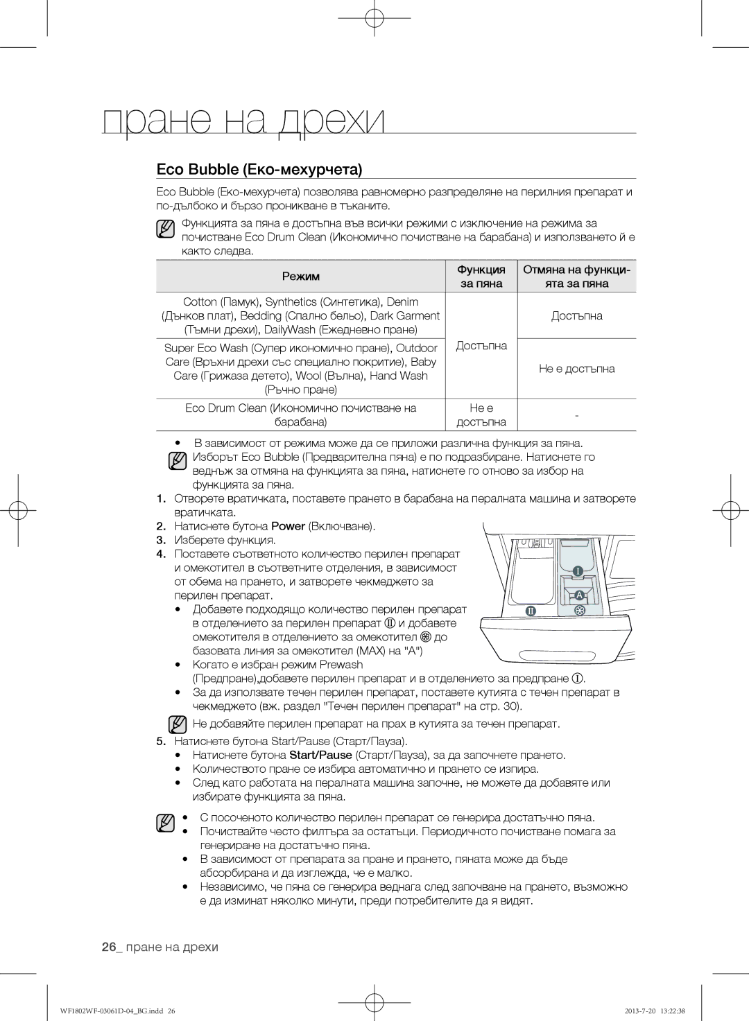 Samsung WF1802WFVS/YLE manual Eco Bubble Еко-мехурчета, 26 пране на дрехи, Ята за пяна 