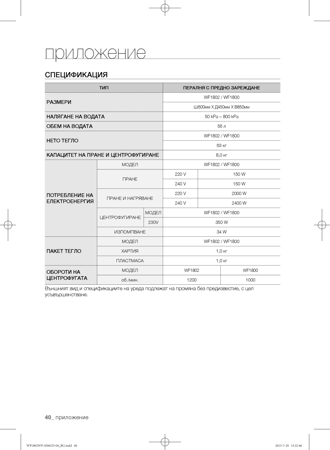 Samsung WF1802WFVS/YLE manual Спецификация, 40 приложение 