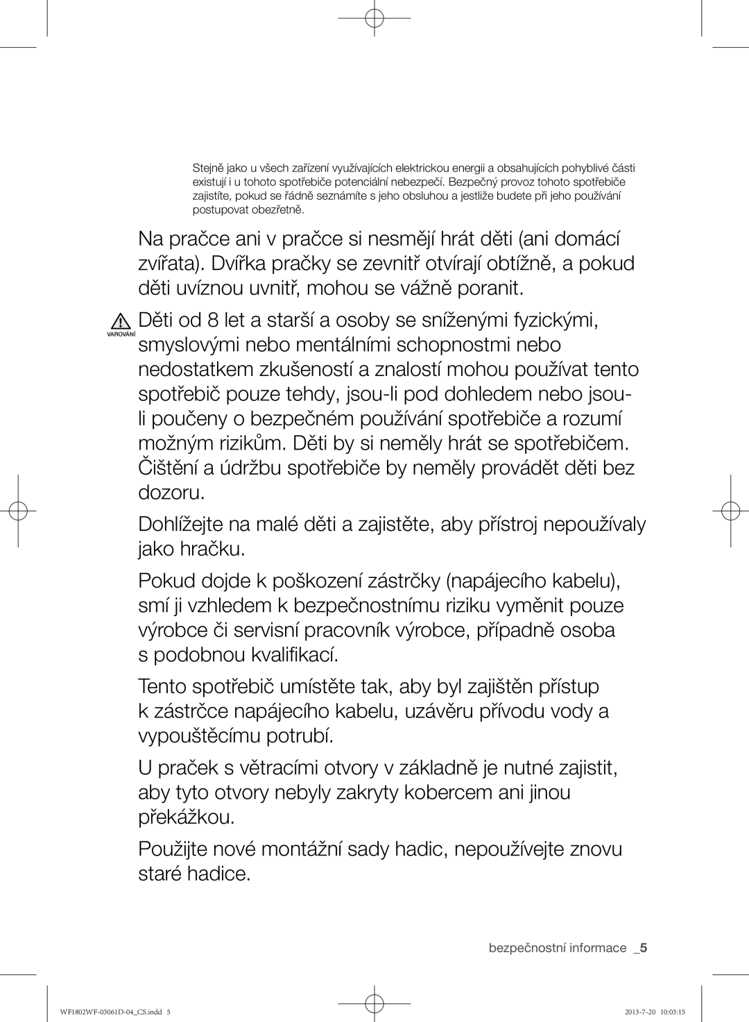 Samsung WF1802WFVS/YLE manual Bezpečnostní informace 