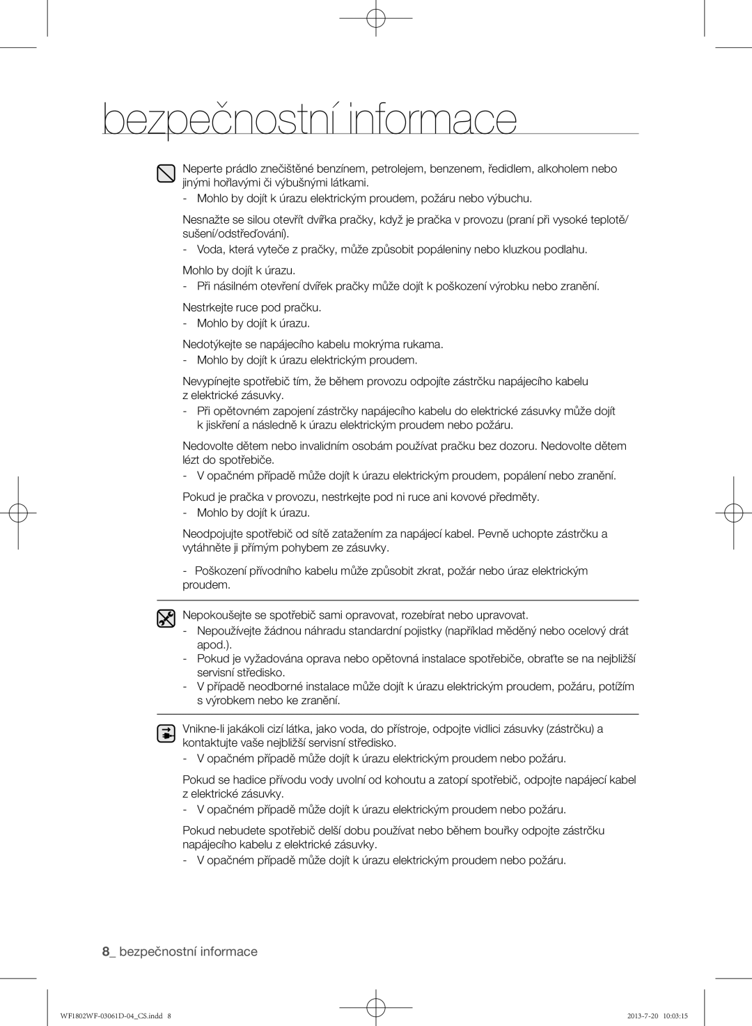 Samsung WF1802WFVS/YLE manual Bezpečnostní informace 