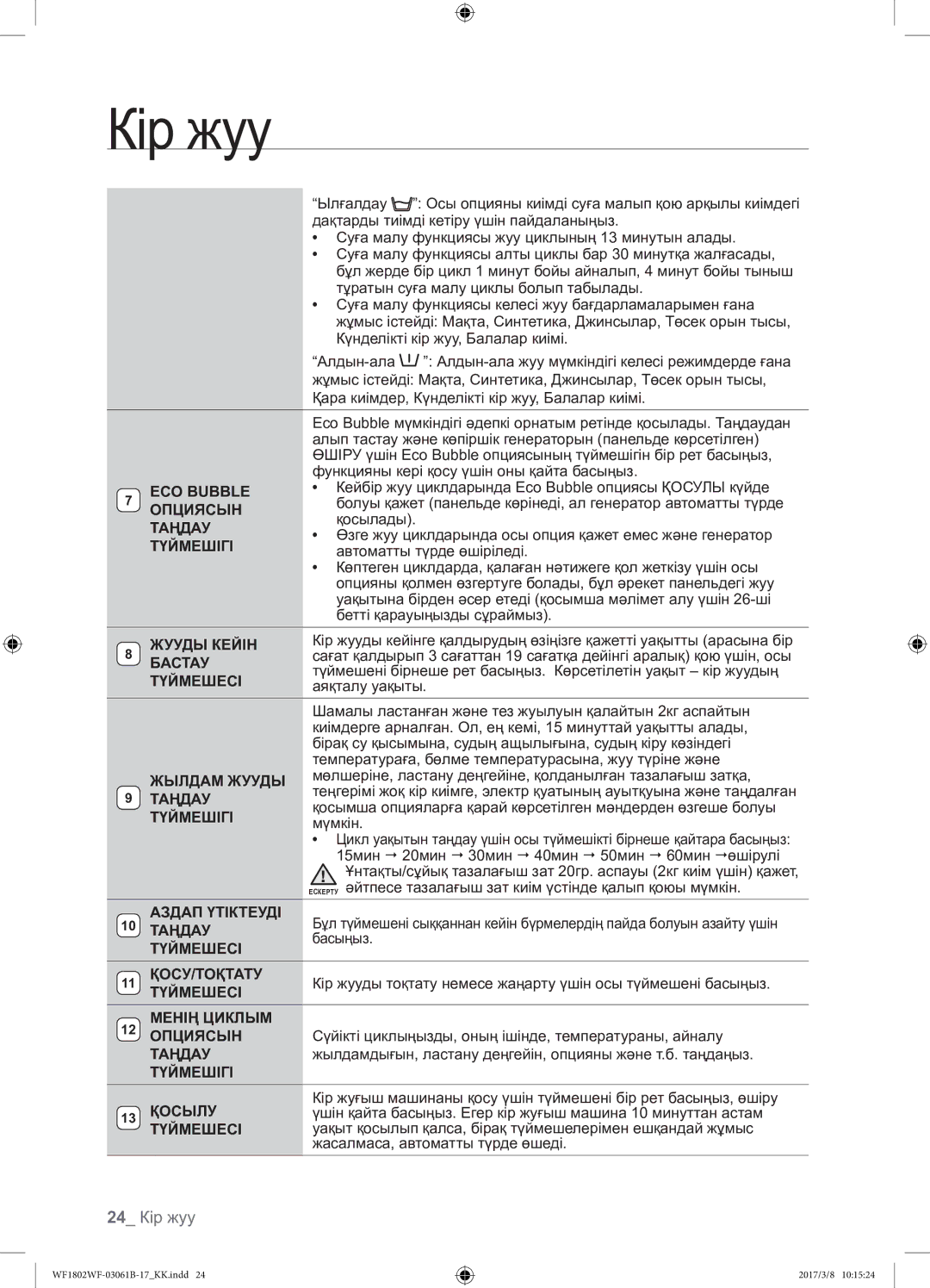 Samsung WF1802WFVS/YLP manual 24 Кір жуу 