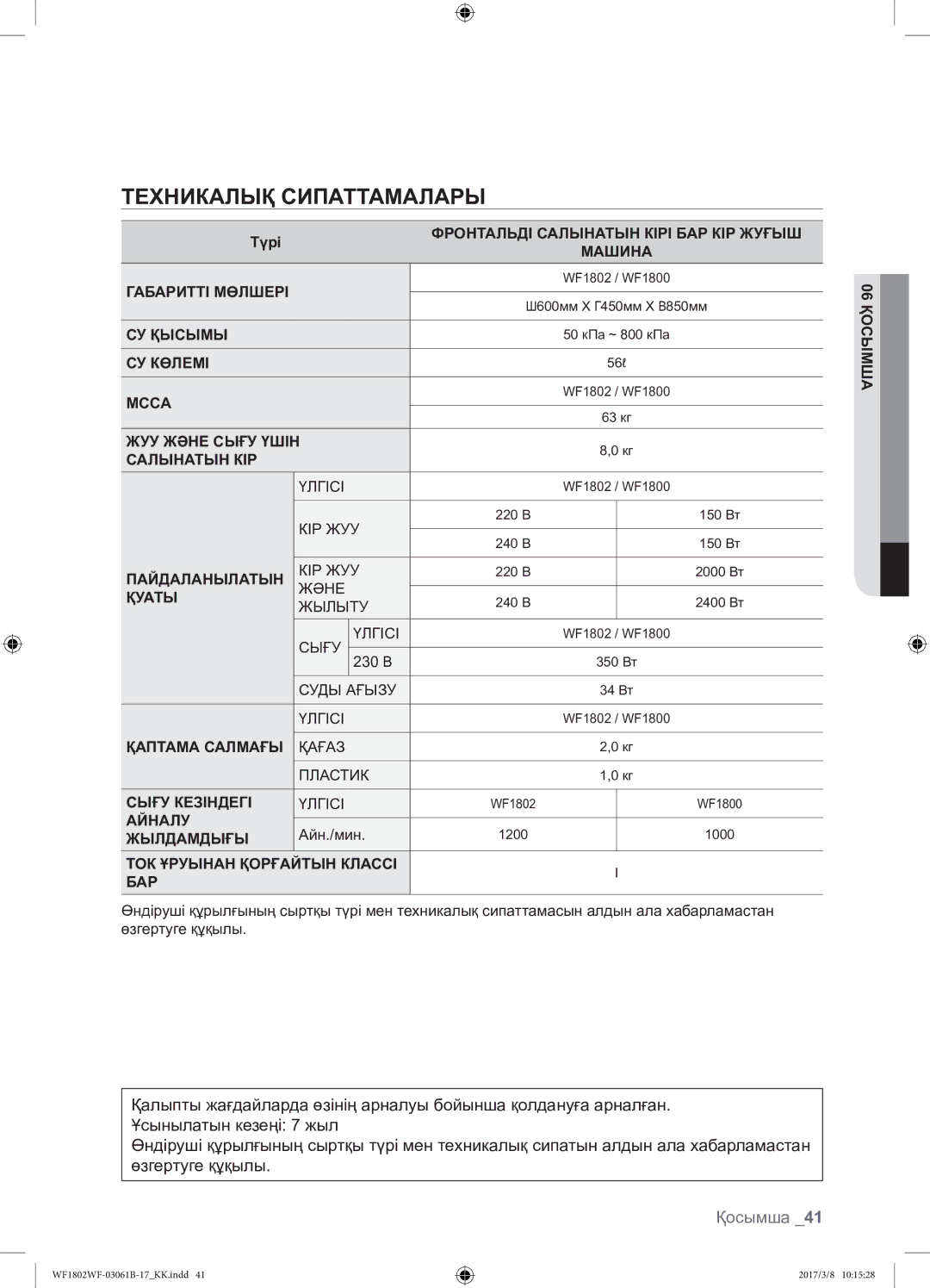 Samsung WF1802WFVS/YLP manual Техникалық Сипаттамалары, Қосымша 