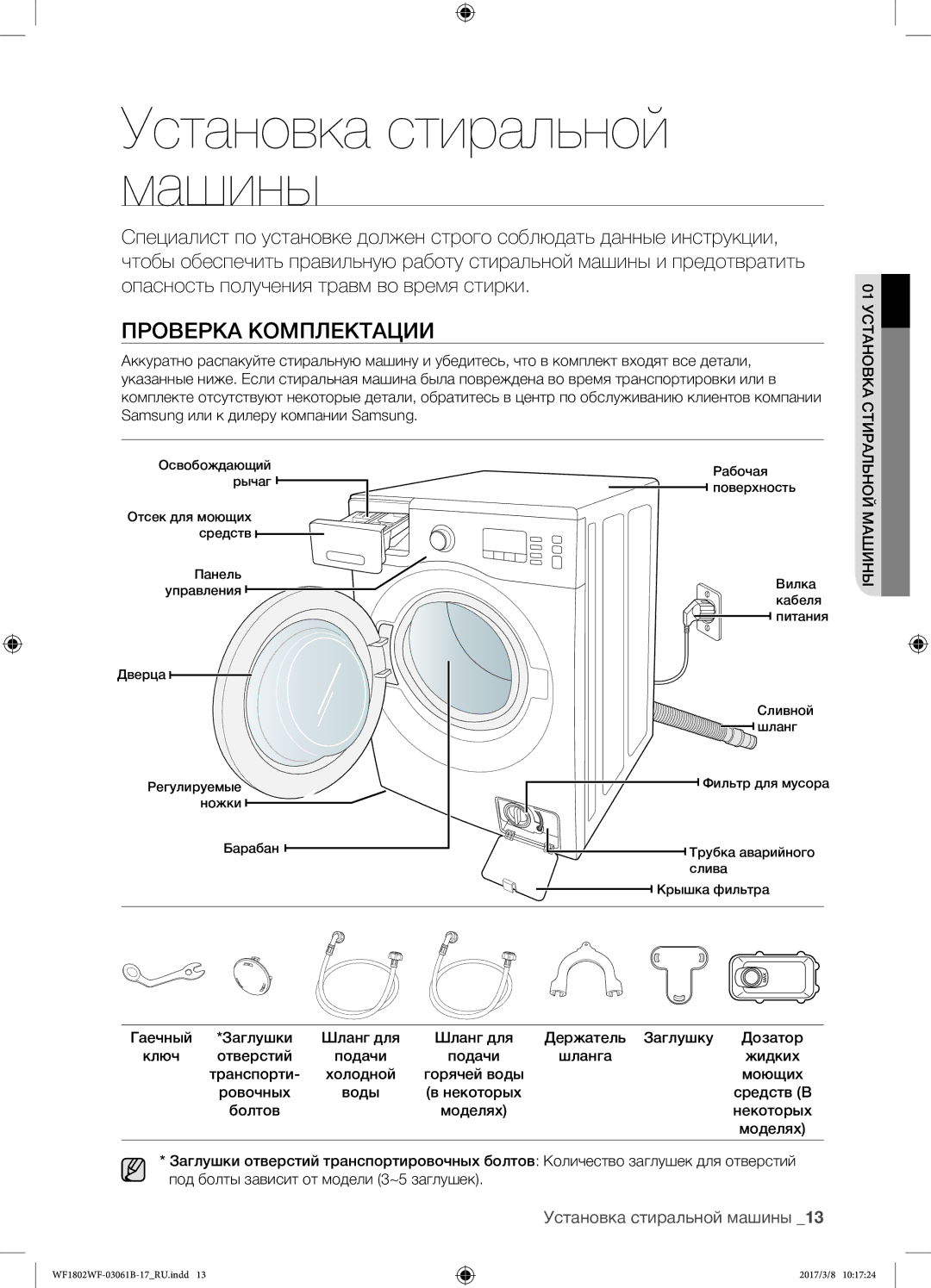 Samsung WF1802WFVS/YLP manual Установка стиральной машины, Проверка комплектации, Машины 