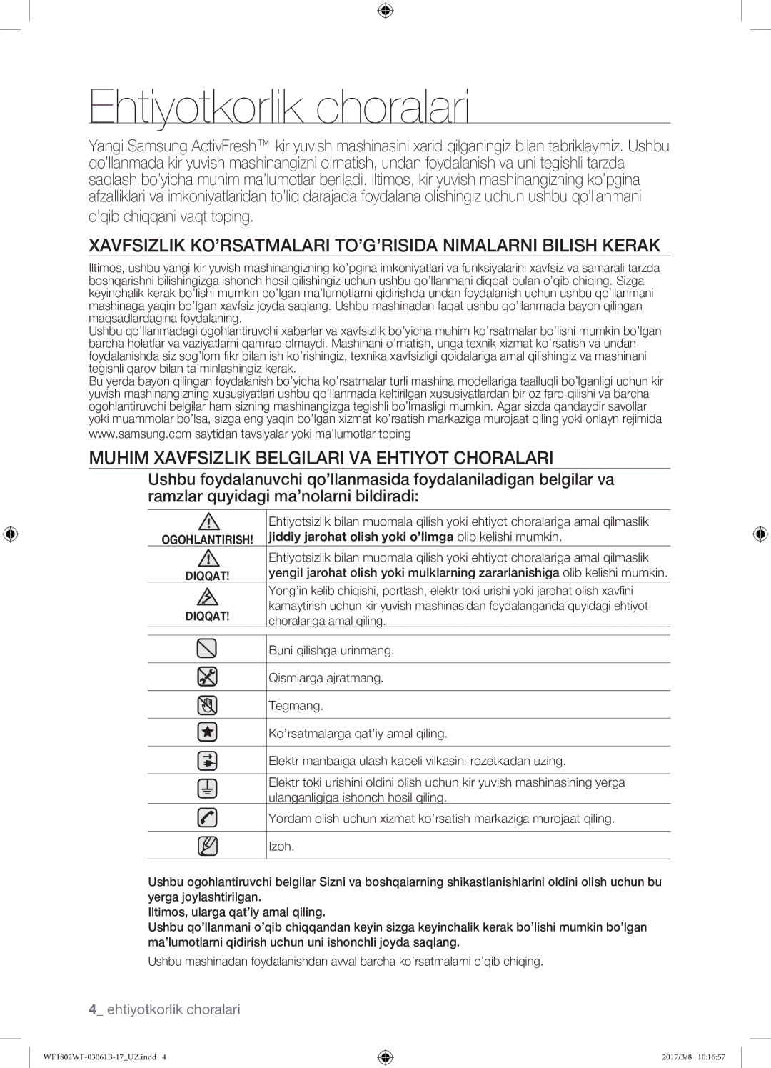 Samsung WF1802WFVS/YLP manual Ehtiyotkorlik choralari, ’qib chiqqani vaqt toping, Choralariga amal qiling 