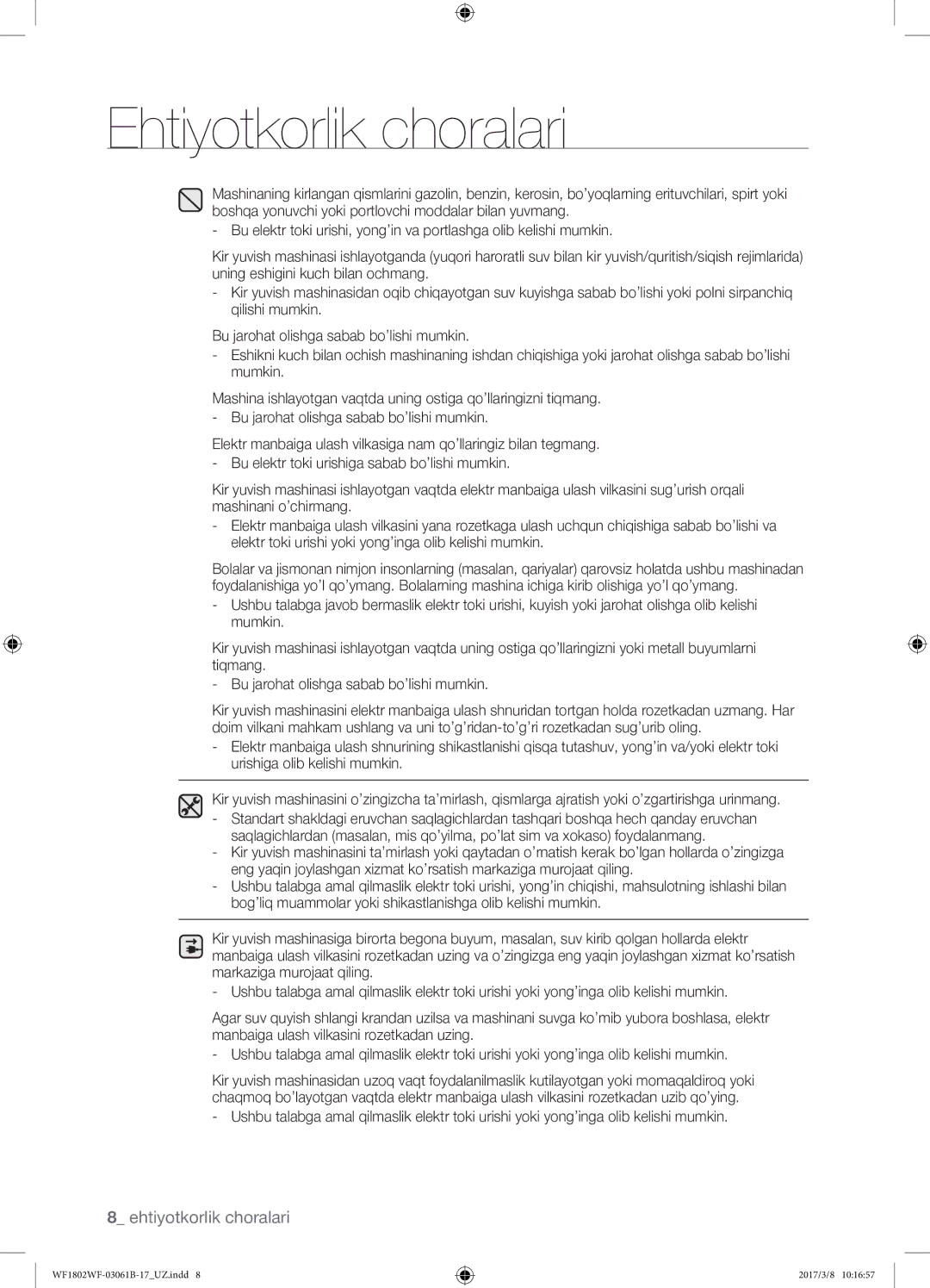 Samsung WF1802WFVS/YLP manual Ehtiyotkorlik choralari 