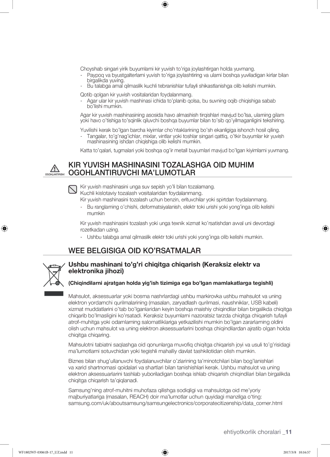 Samsung WF1802WFVS/YLP manual WEE Belgisiga OID KO’RSATMALAR 