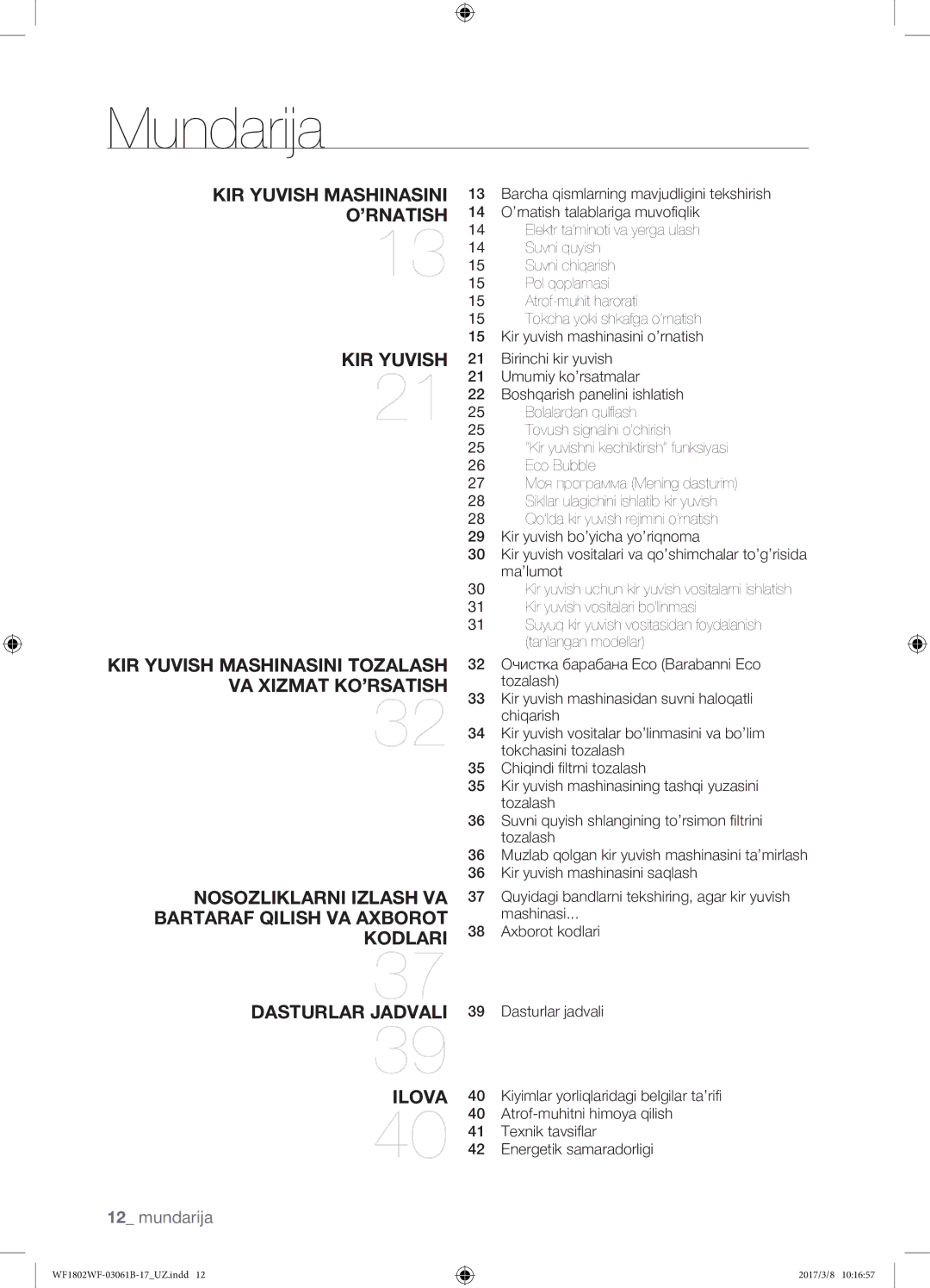 Samsung WF1802WFVS/YLP manual Mundarija, Atrof-muhitni himoya qilish, Texnik tavsiflar, Energetik samaradorligi 