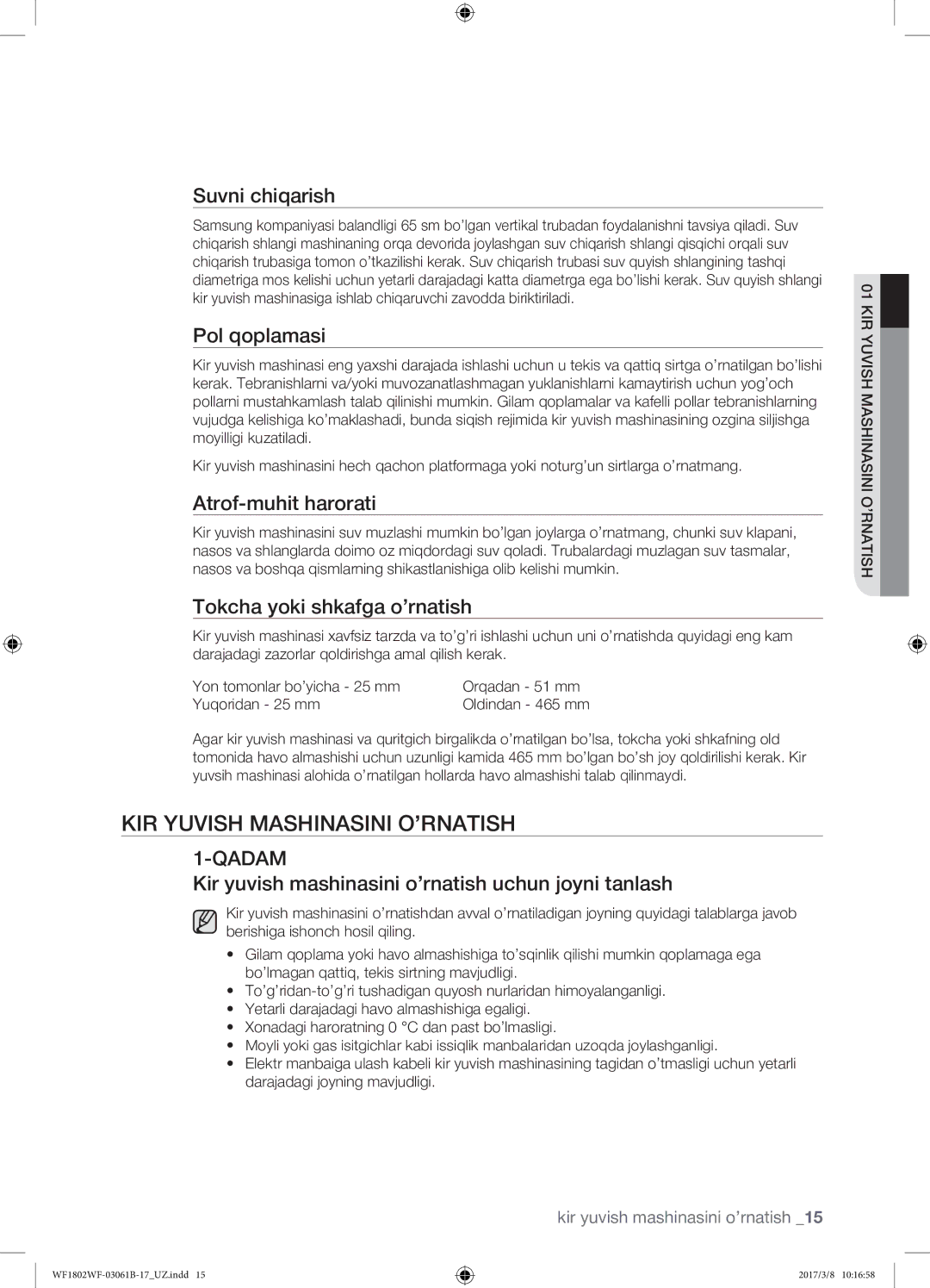 Samsung WF1802WFVS/YLP manual Kir yuvish mashinasini o’rnatish 