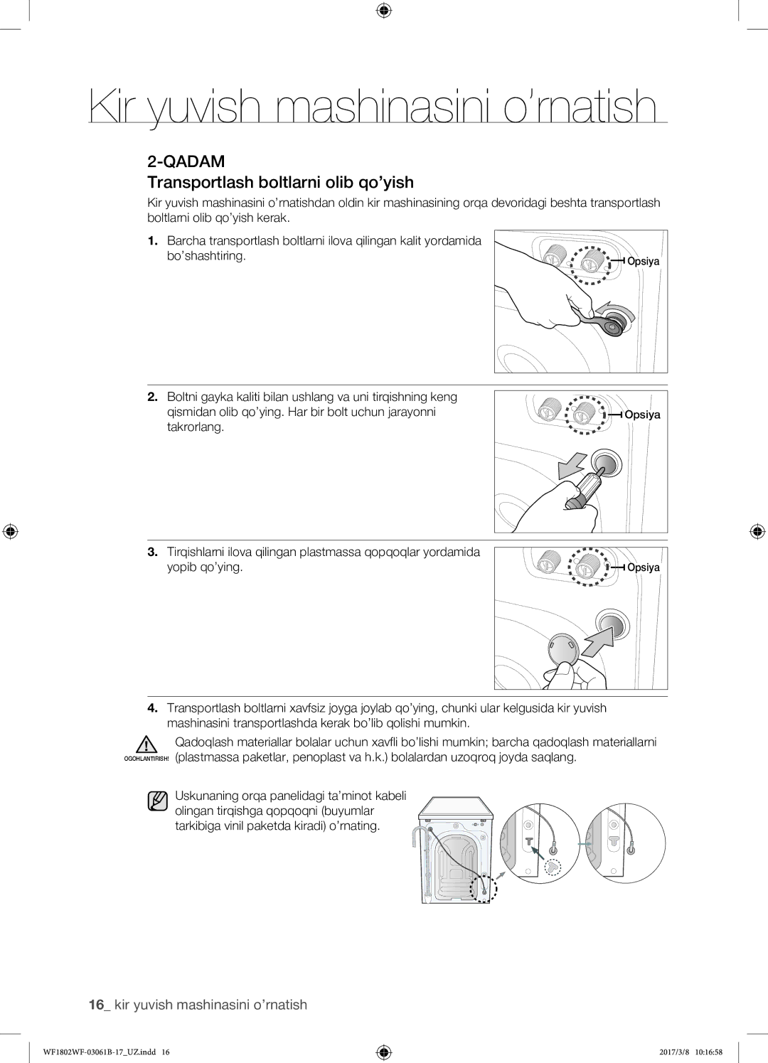 Samsung WF1802WFVS/YLP manual Transportlash boltlarni olib qo’yish 