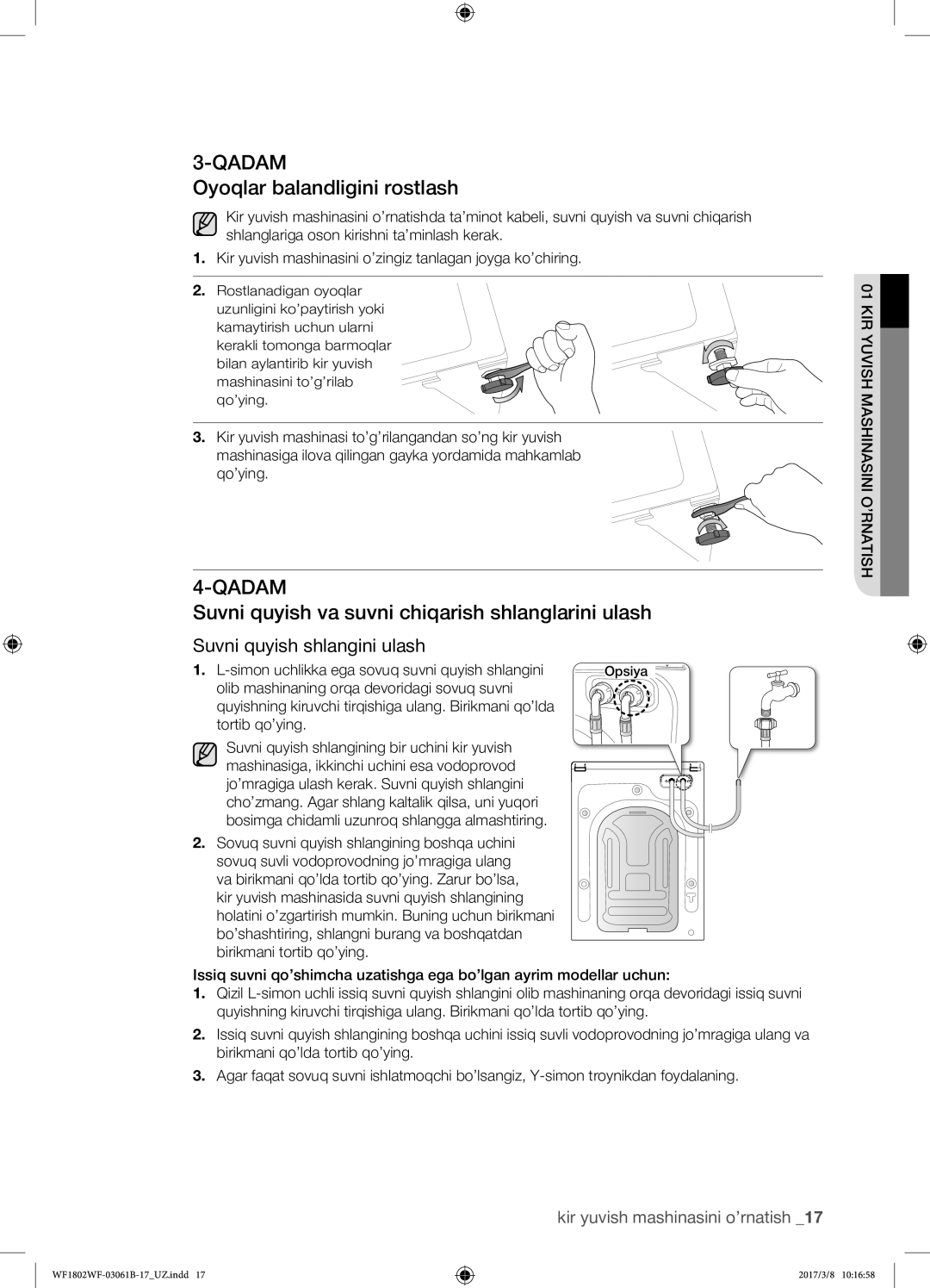 Samsung WF1802WFVS/YLP manual Oyoqlar balandligini rostlash, Suvni quyish va suvni chiqarish shlanglarini ulash 