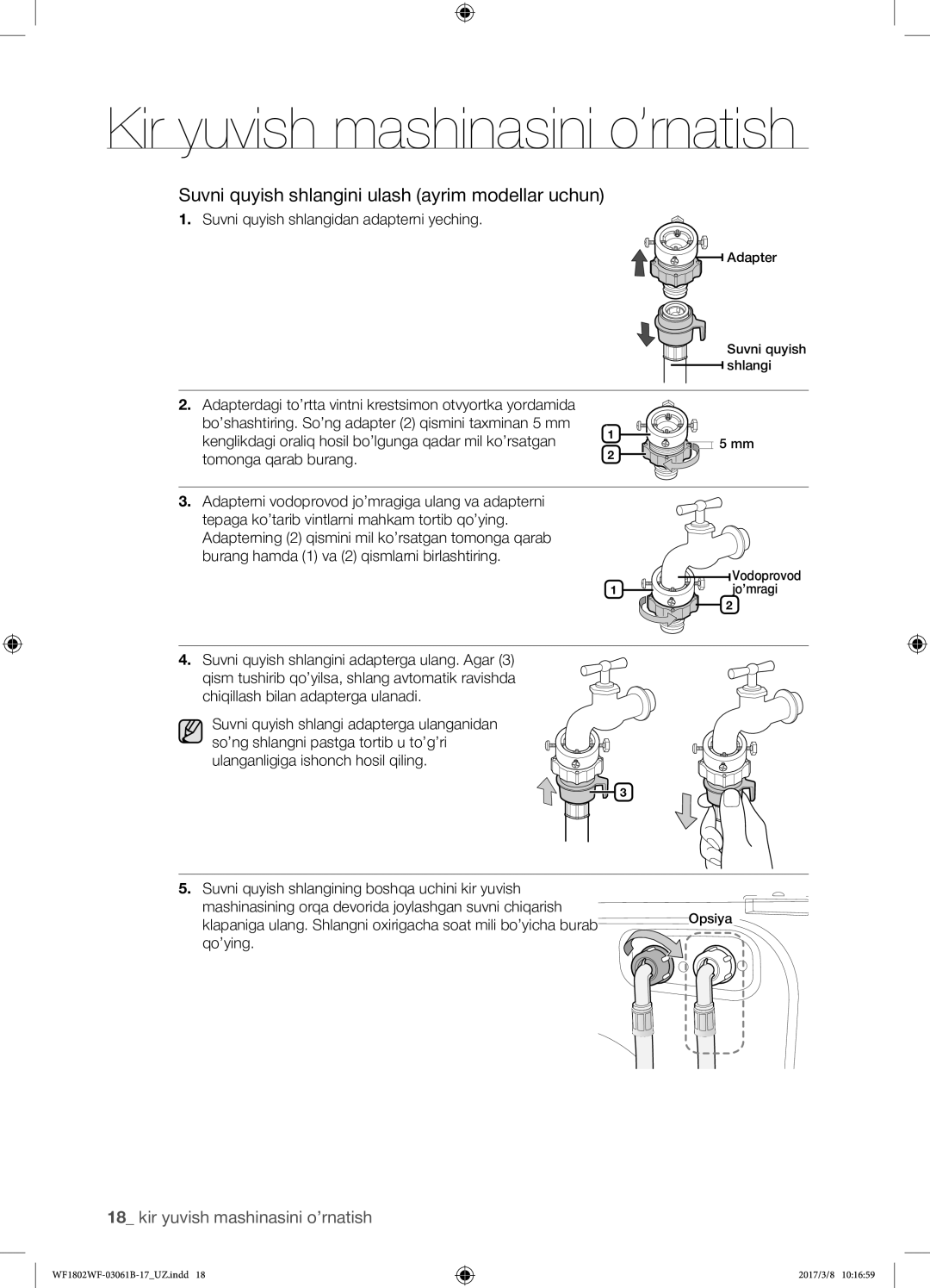 Samsung WF1802WFVS/YLP manual Suvni quyish shlangini ulash ayrim modellar uchun, Suvni quyish shlangidan adapterni yeching 