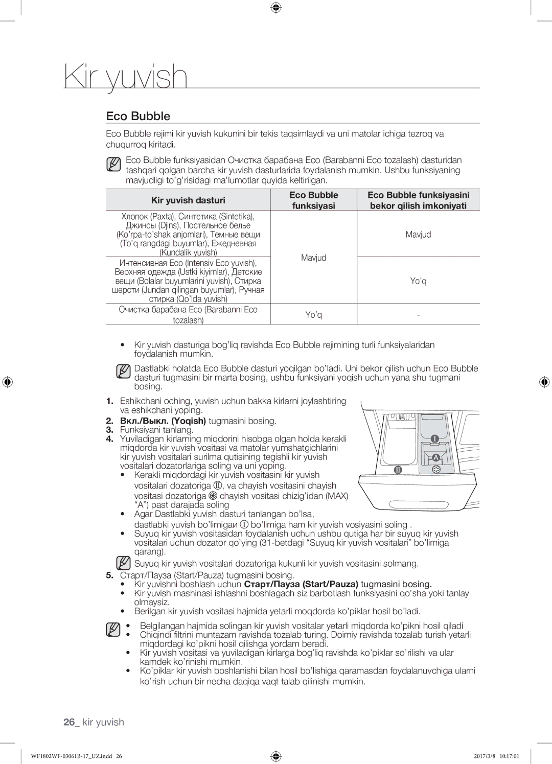 Samsung WF1802WFVS/YLP Kir yuvish dasturi Eco Bubble Eco Bubble funksiyasini, Bekor qilish imkoniyati, Funksiyani tanlang 