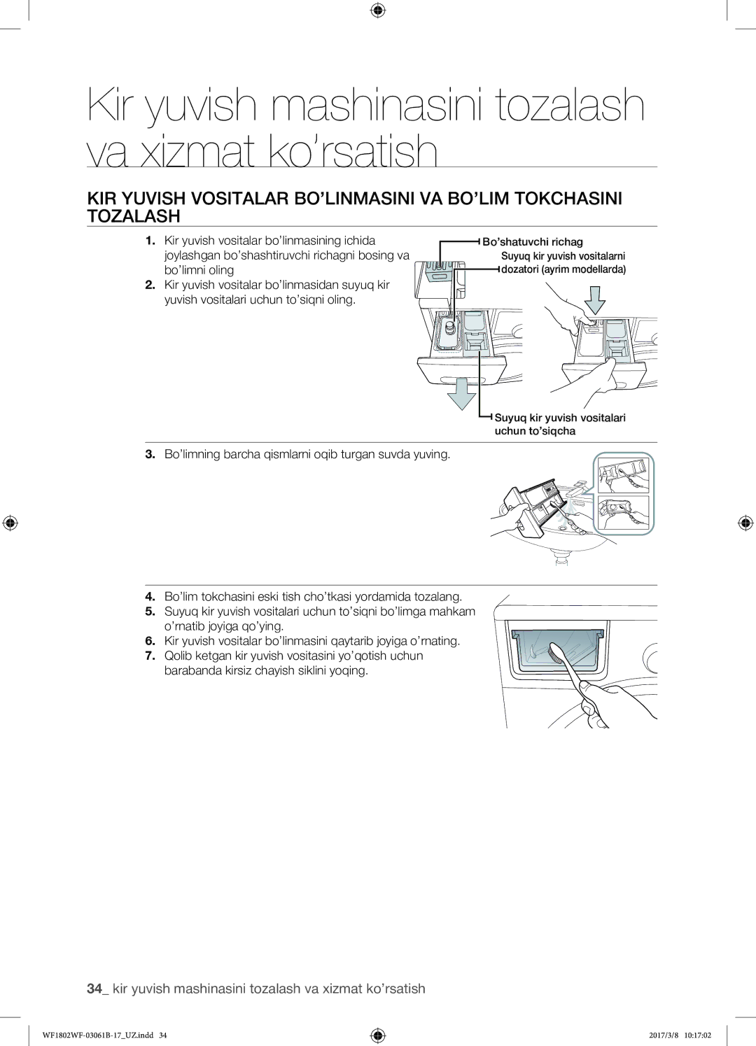 Samsung WF1802WFVS/YLP manual Kir yuvish mashinasini tozalash va xizmat ko’rsatish 