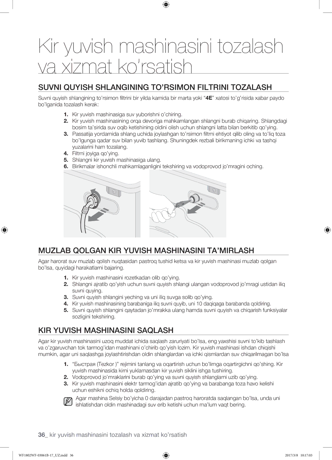 Samsung WF1802WFVS/YLP manual Suvni quyish shlangining to’rsimon filtrini tozalash, Kir yuvish mashinasini saqlash 