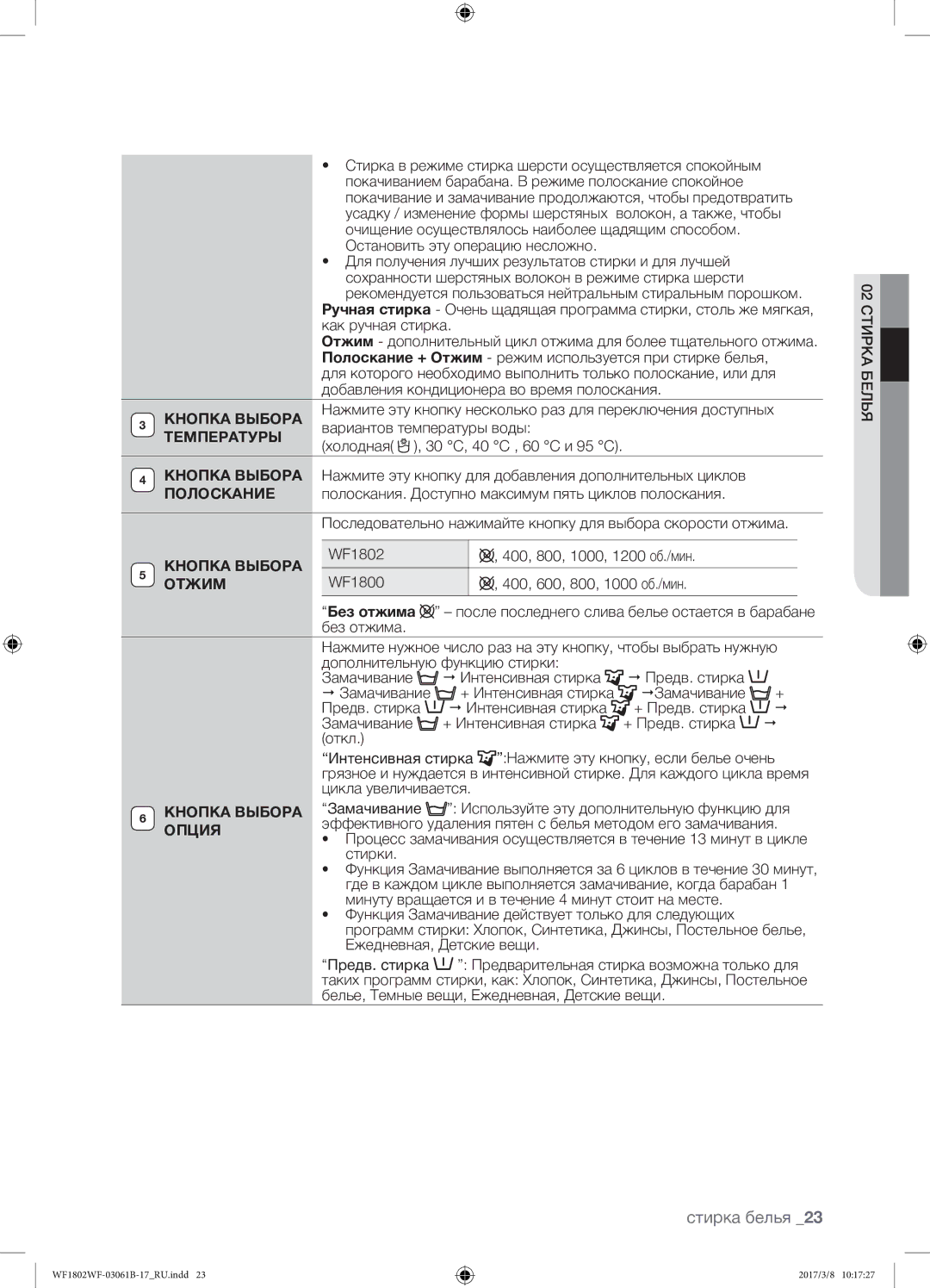 Samsung WF1802WFVS/YLP manual Кнопка Выбора, Температуры, Отжим, Опция 