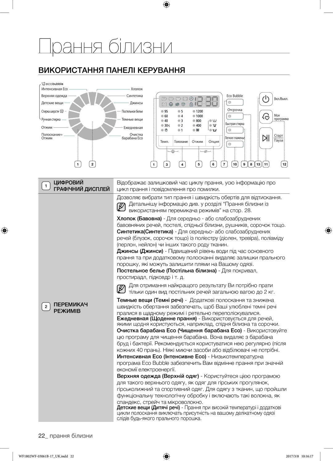 Samsung WF1802WFVS/YLP manual Використання панелі керування, 22 прання білизни 