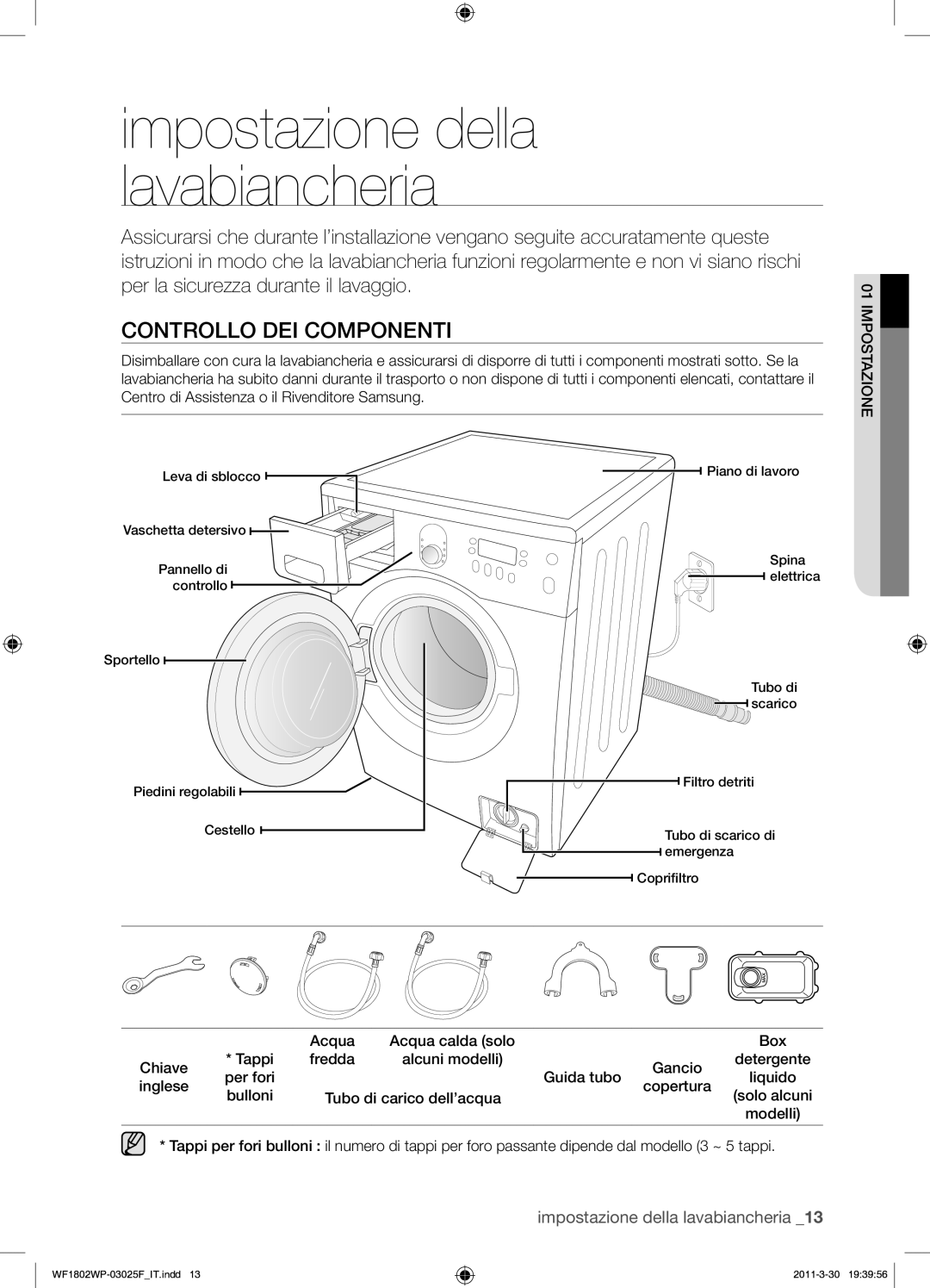 Samsung WF1802WPC/XET manual Controllo DEI Componenti, Acqua Acqua calda solo Box Chiave Tappi Fredda 