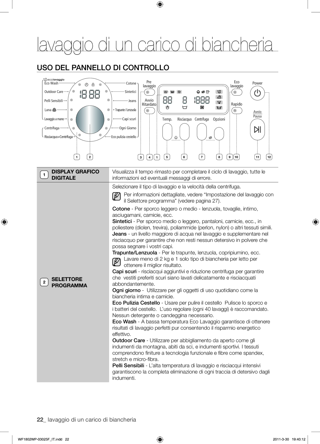 Samsung WF1802WPC/XET manual USO DEL Pannello DI Controllo, Selettore, Programma 