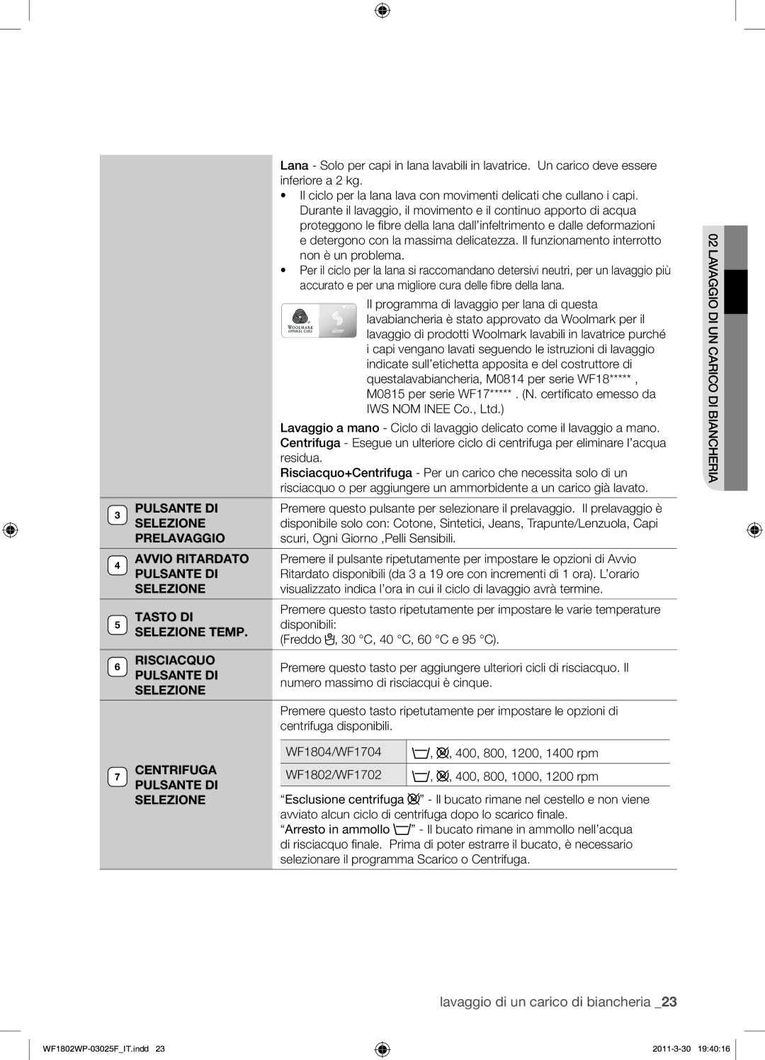 Samsung WF1802WPC/XET manual Prelavaggio, Tasto DI, Selezione Temp, Risciacquo, Centrifuga Pulsante DI Selezione 