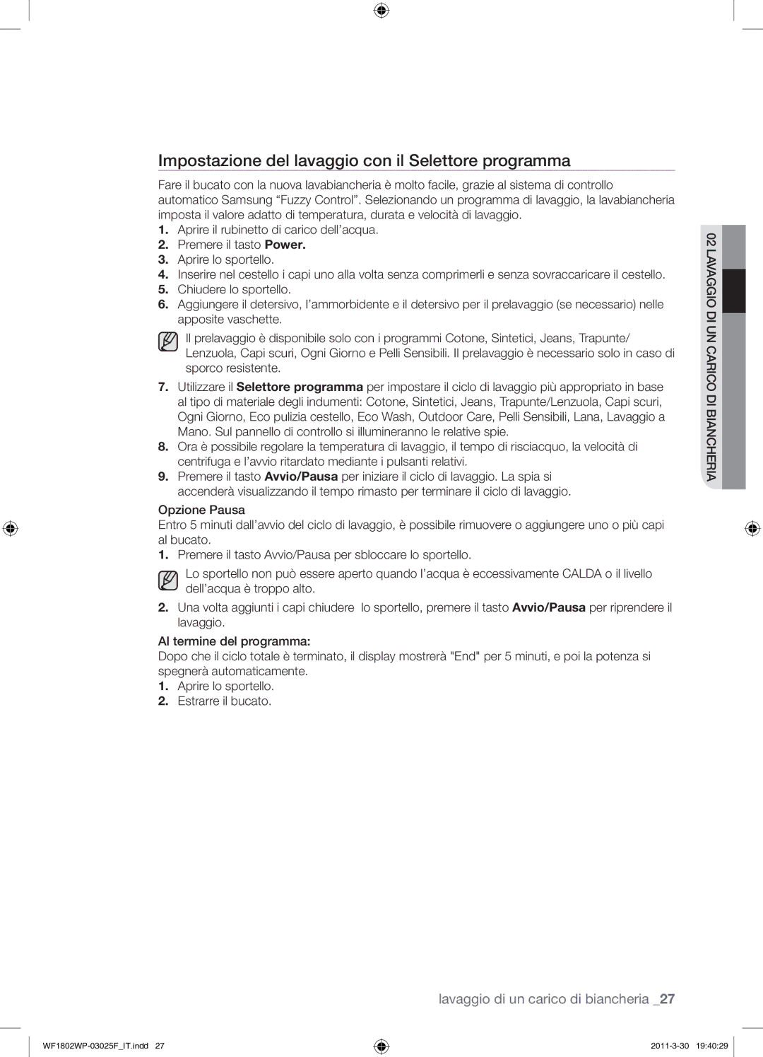 Samsung WF1802WPC/XET manual Impostazione del lavaggio con il Selettore programma 