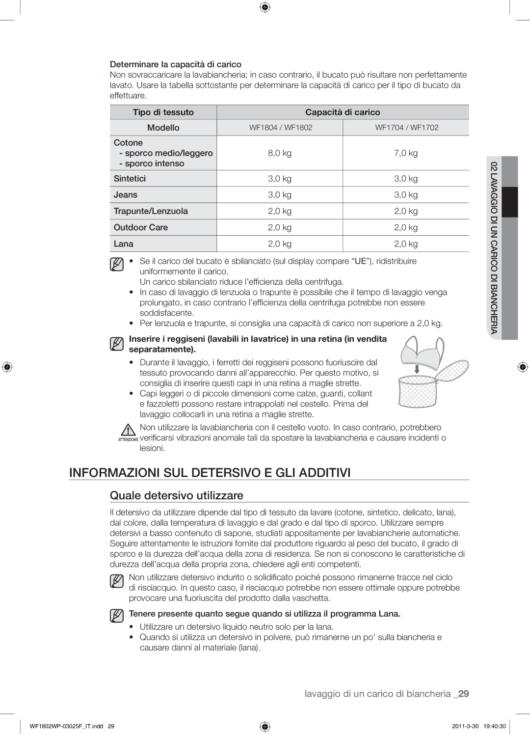 Samsung WF1802WPC/XET manual Informazioni SUL Detersivo E GLI Additivi, Quale detersivo utilizzare, Modello, Lesioni 