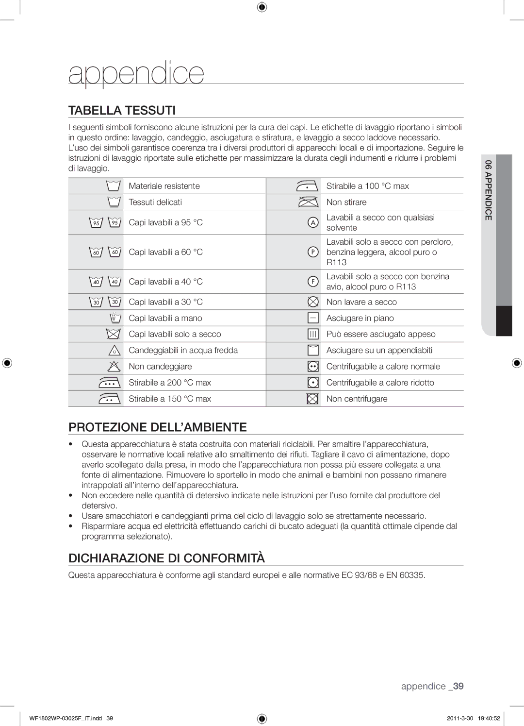 Samsung WF1802WPC/XET manual Tabella Tessuti, Protezione DELL’AMBIENTE, Dichiarazione DI Conformità 