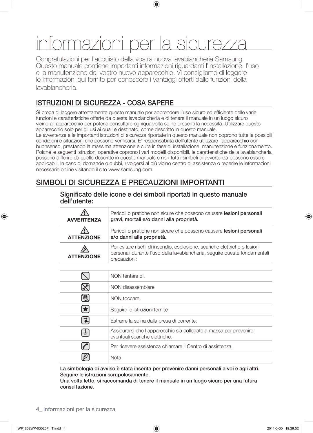 Samsung WF1802WPC/XET manual Istruzioni DI Sicurezza Cosa Sapere, Simboli DI Sicurezza E Precauzioni Importanti, Avvertenza 