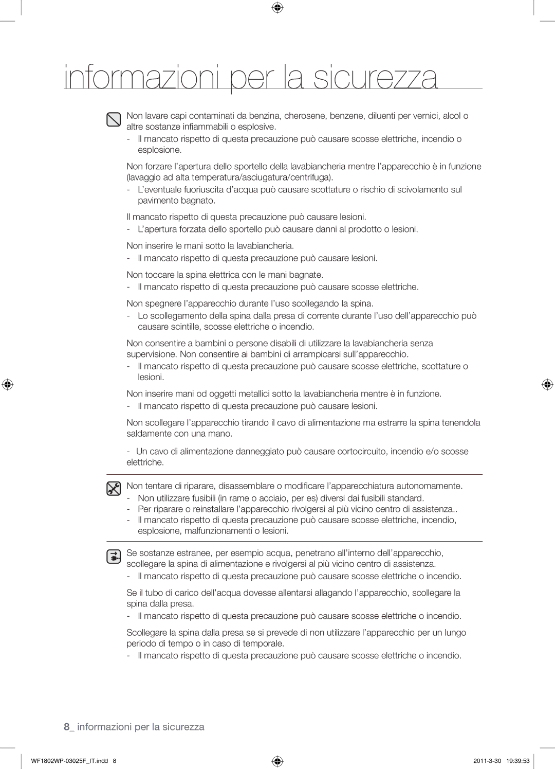 Samsung WF1802WPC/XET manual Informazioni per la sicurezza 