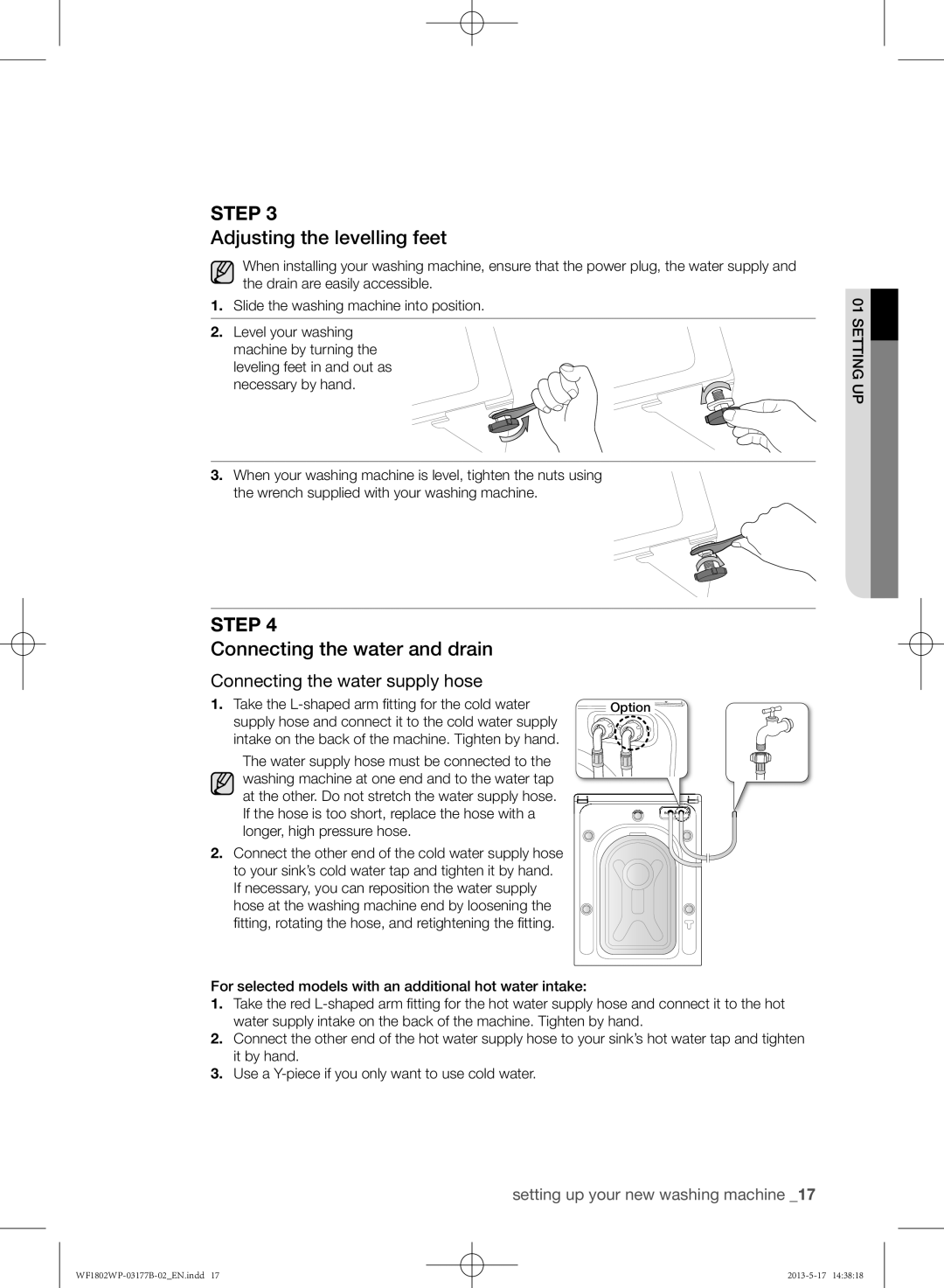 Samsung WF1802WPC/YKJ manual Adjusting the levelling feet, Connecting the water and drain 