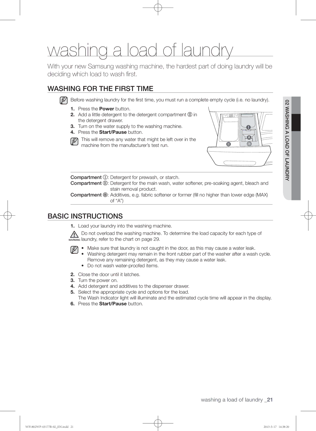 Samsung WF1802WPC/YKJ manual Washing a load of laundry, Washing for the first time, Basic instructions 