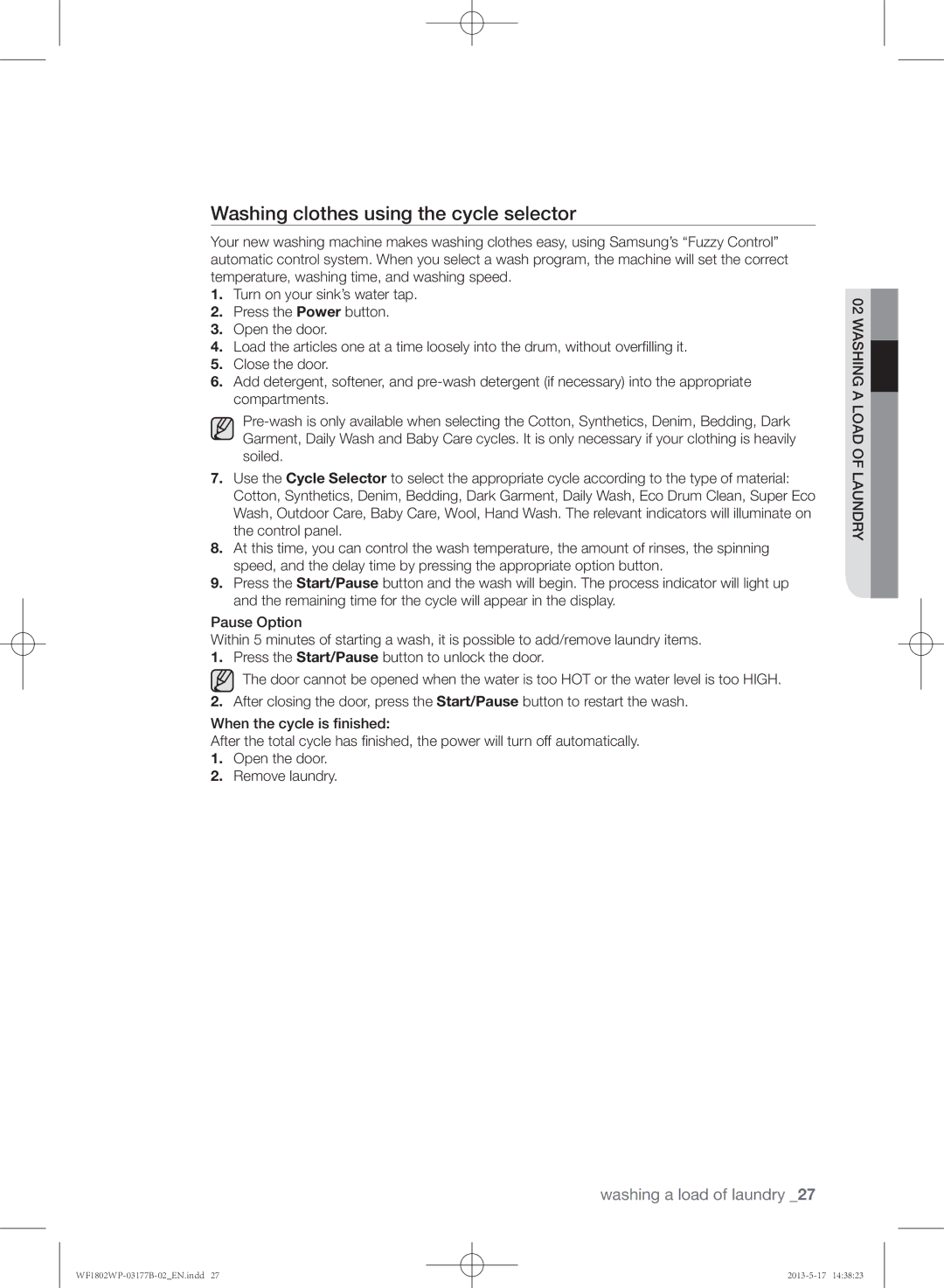 Samsung WF1802WPC/YKJ manual Washing clothes using the cycle selector 